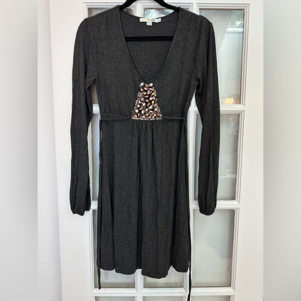 Boden Charcoal Grey Knit Sweater Belted Dress Sequin Detailing Size US 4 Small S